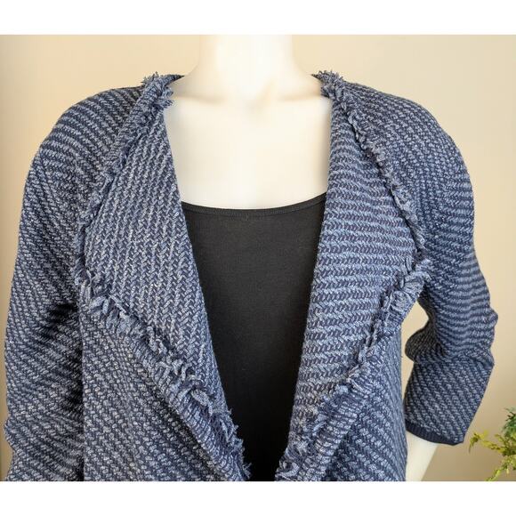NEW Loft Cardigan Sweater Blazer Large Blue Gray Tweed Fringe Open Career Preppy - Picture 2 of 9